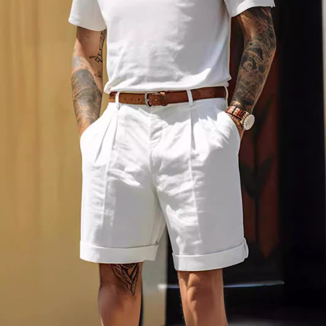 Mens Cotton Pleated Shorts with Pockets