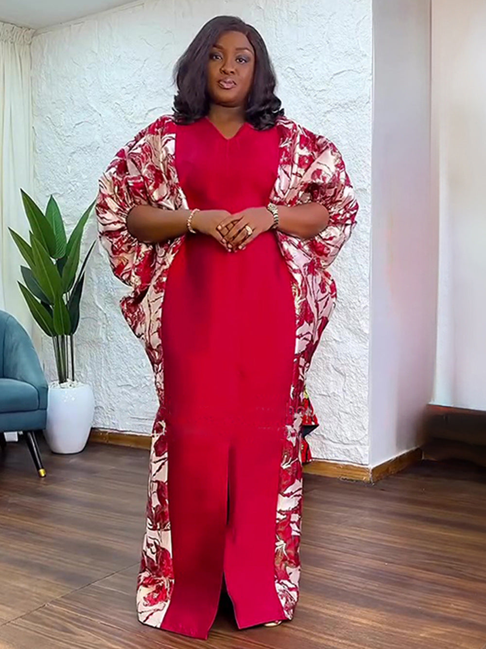 Ethnic Print Satin Dress Womens loose V-Neck