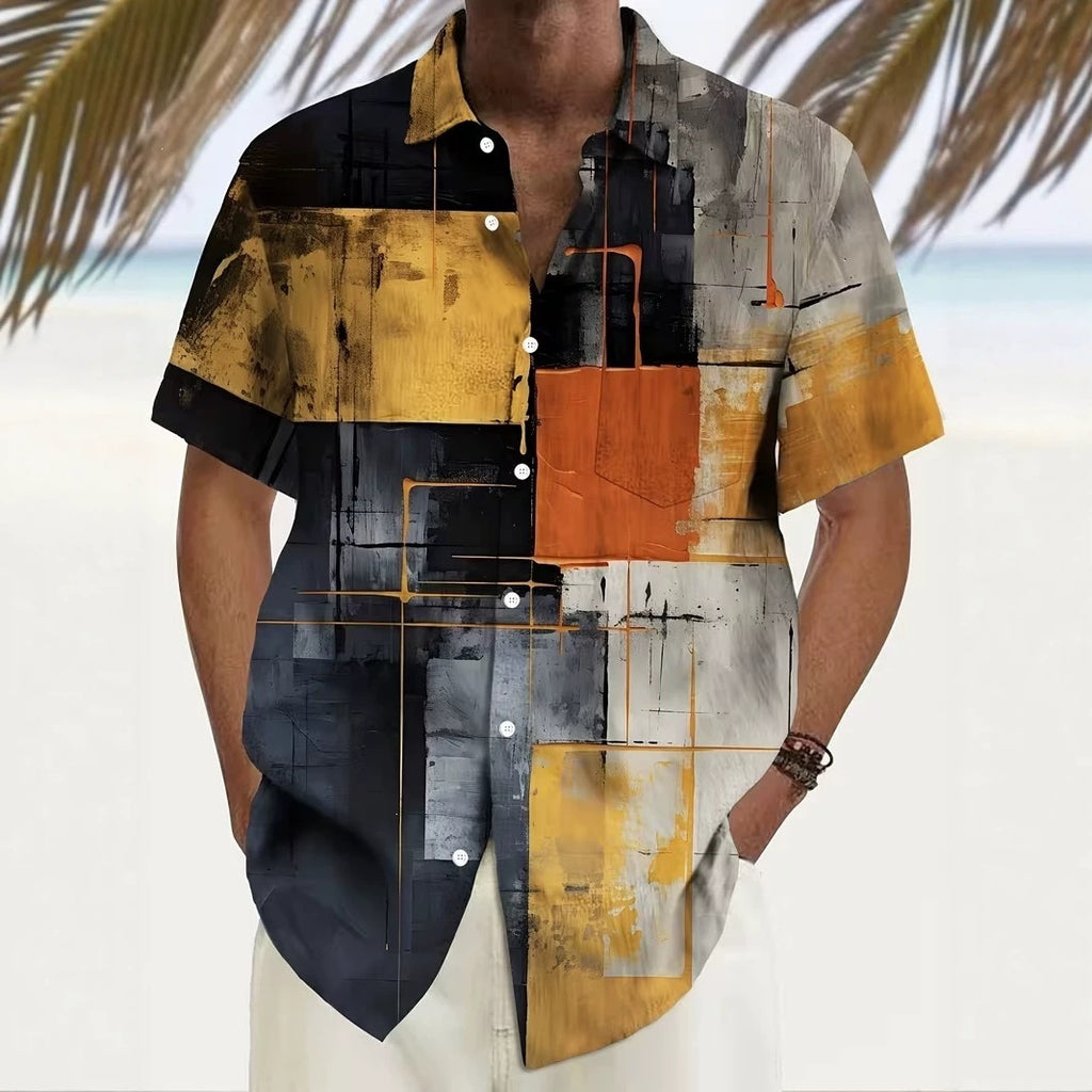 Summer European and American Printed Short-Sleeved Shirt Men's Loose Large Size Casual Lapel Shirt Top