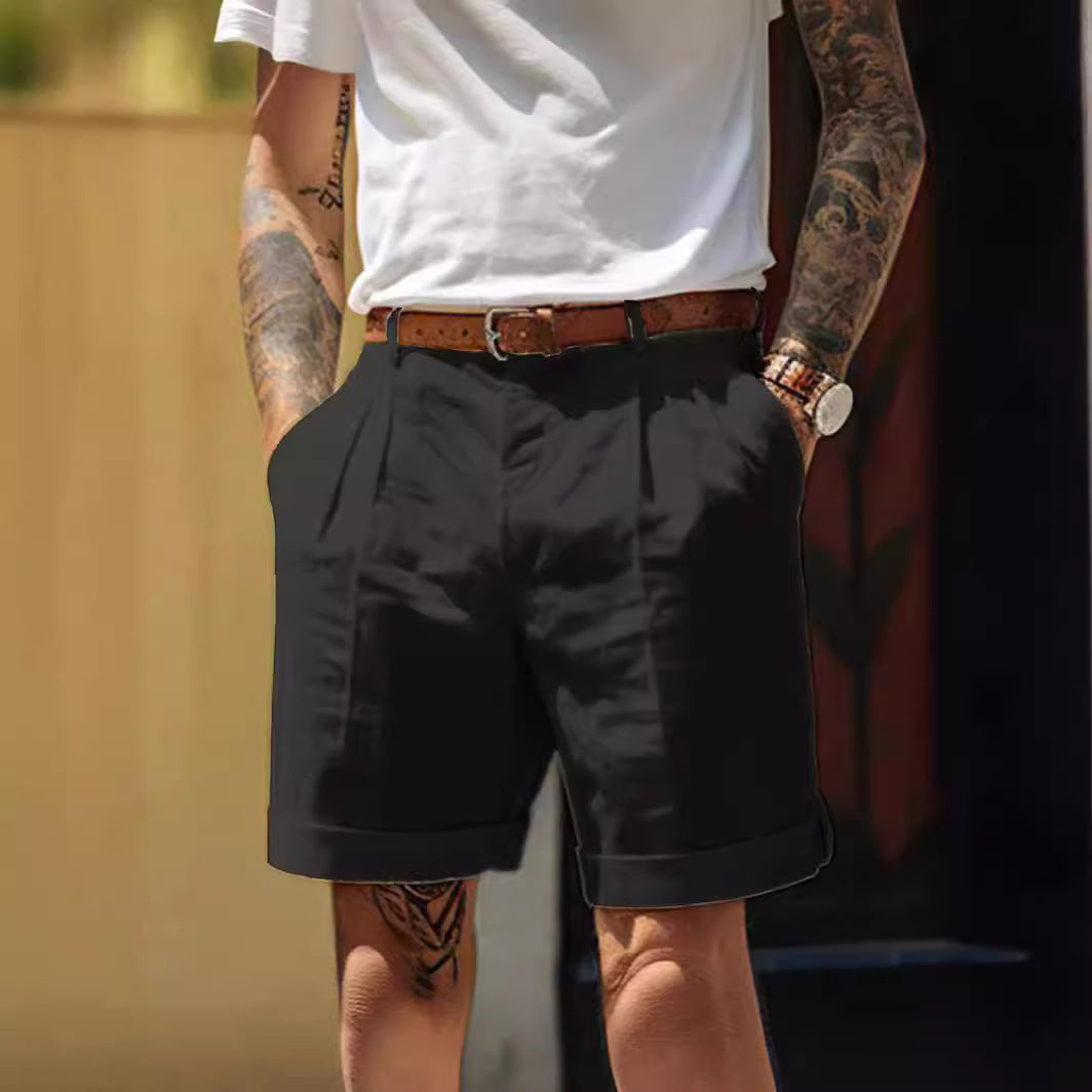 Mens Cotton Pleated Shorts with Pockets