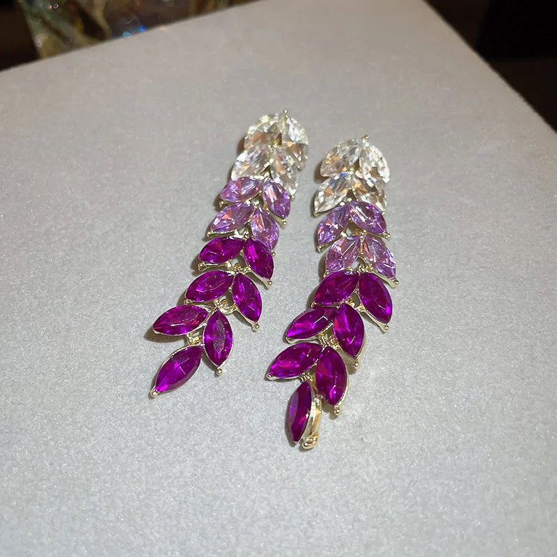 Korean Style Rhinestone Drop Earrings Purple Crystal Leaf Dangle Earrings for Women Jewelry