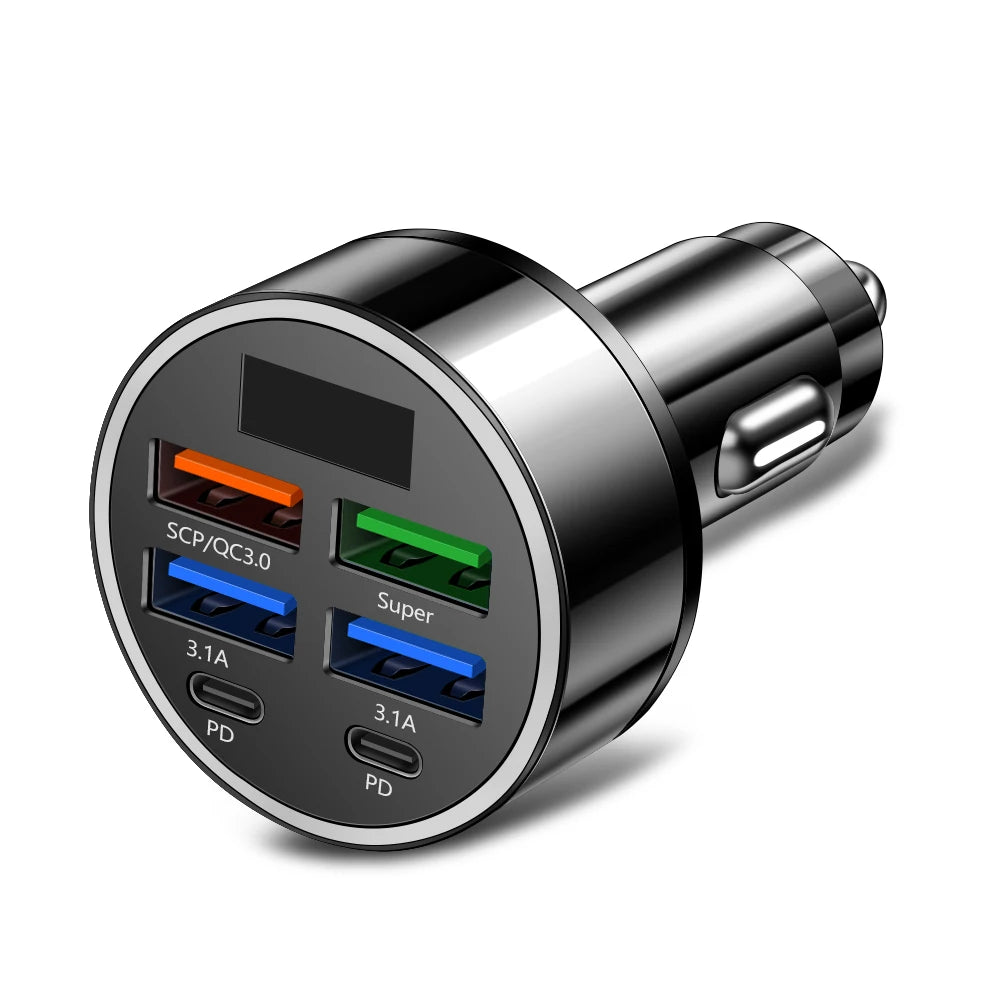 100W 6 Ports USB Car Charger Fast Charging PD Type C Car Phone Charger Adapter For iPhone Samsung Xiaomi LED Display Car Charger