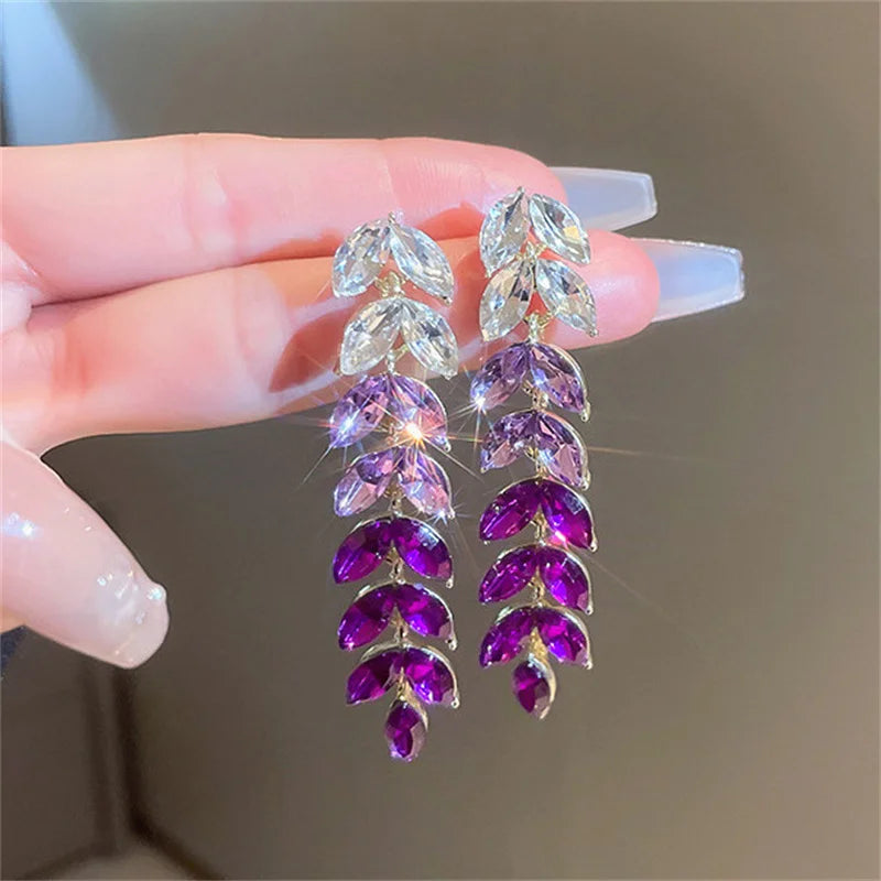 Korean Style Rhinestone Drop Earrings Purple Crystal Leaf Dangle Earrings for Women Jewelry