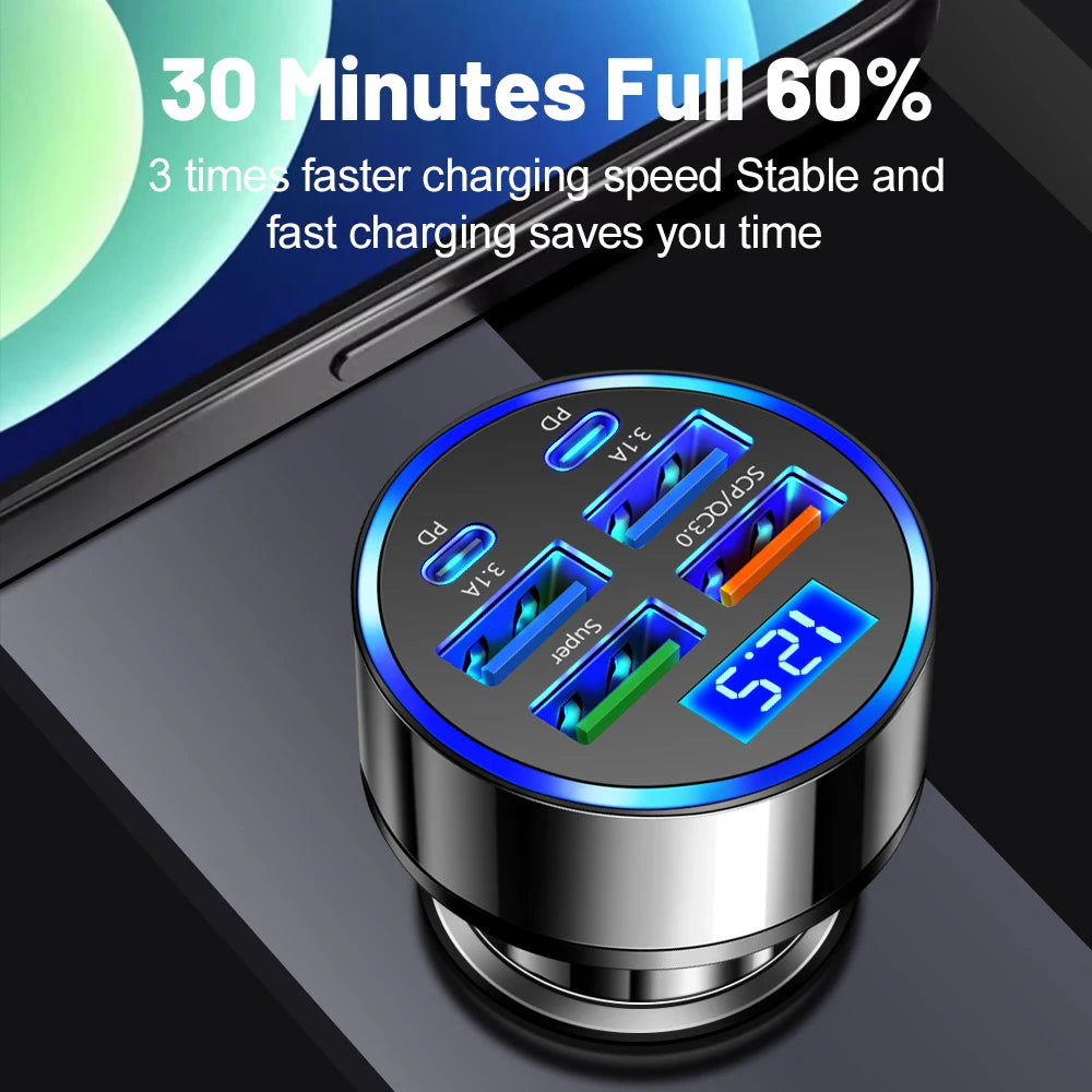 100W 6 Ports USB Car Charger Fast Charging PD Type C Car Phone Charger Adapter For iPhone Samsung Xiaomi LED Display Car Charger