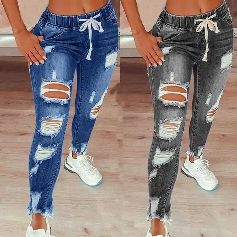 Fashion Vintage Blue Ripped Jeans Women Elastic Waist Drawstring Pencil Denim Jeans Office Lady Holes High Waist Trousers 30671