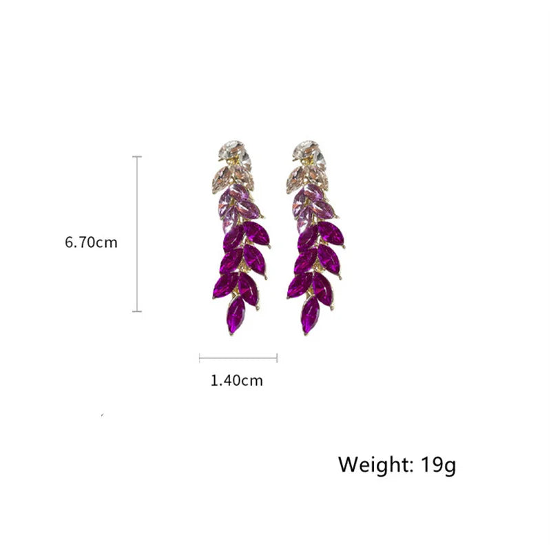 Korean Style Rhinestone Drop Earrings Purple Crystal Leaf Dangle Earrings for Women Jewelry