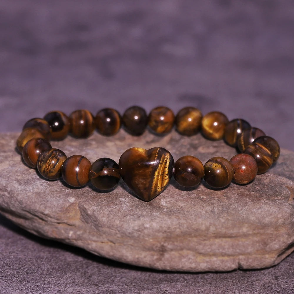 1pcs Natural Stone Bead Bracelet with Amethyst, Rose Quartz, Tiger's Eye and Heart-shaped Beads