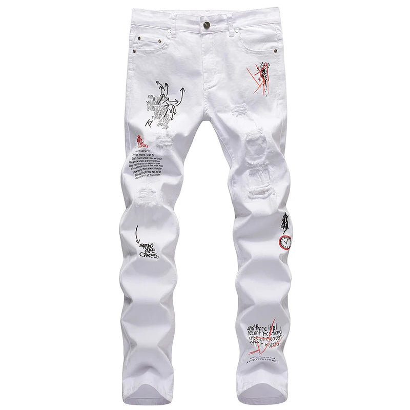 2022 Men Ripped Jeans White Black Stretch Slim Fit Spring Autumn Denim Pants Distressed Hip Hop Streetwear Biker Jeans Pants