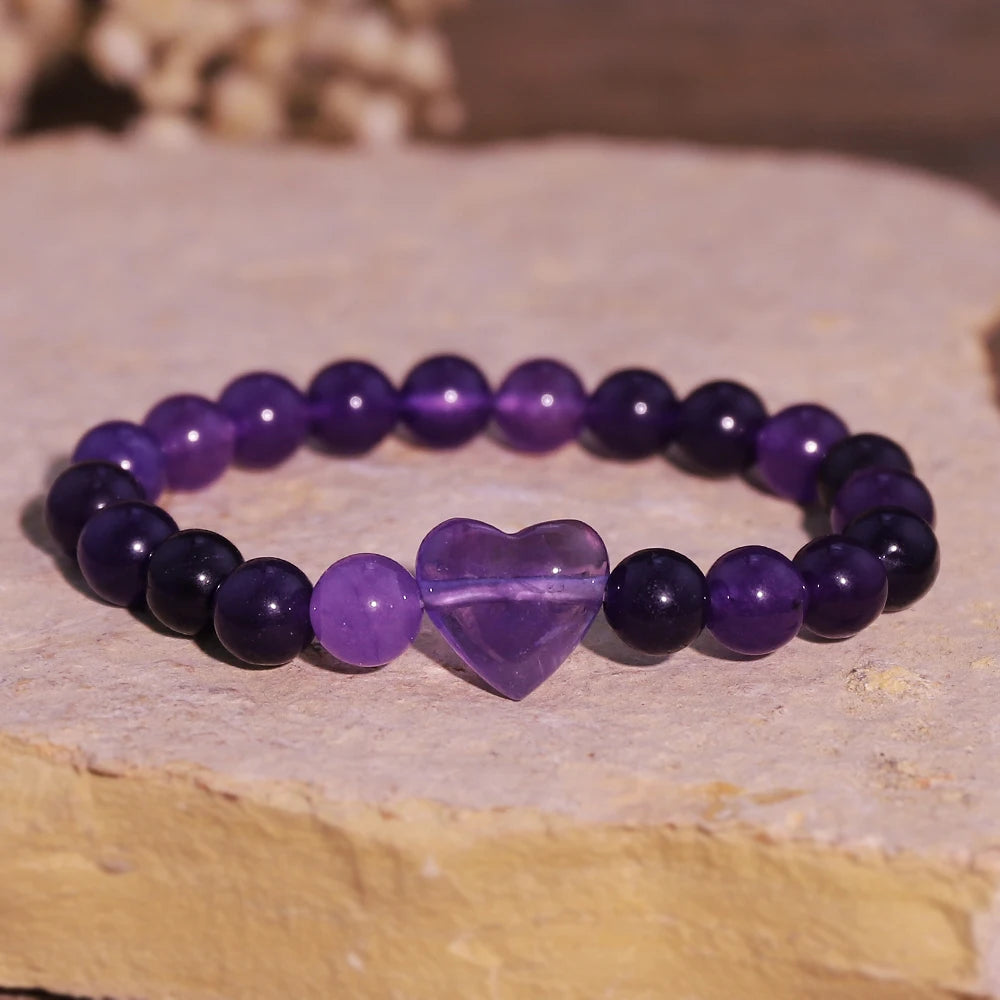 1pcs Natural Stone Bead Bracelet with Amethyst, Rose Quartz, Tiger's Eye and Heart-shaped Beads