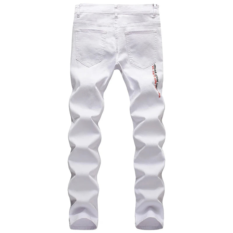 2022 Men Ripped Jeans White Black Stretch Slim Fit Spring Autumn Denim Pants Distressed Hip Hop Streetwear Biker Jeans Pants