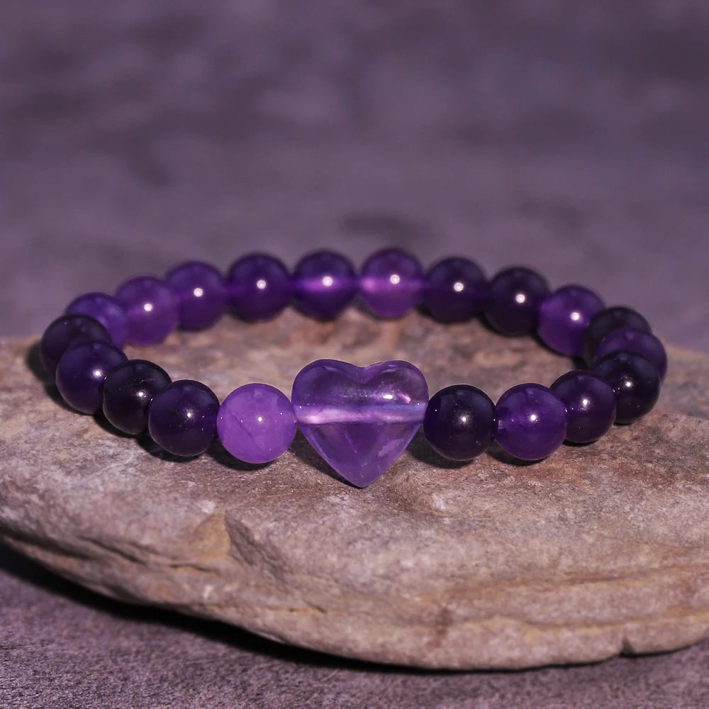 1pcs Natural Stone Bead Bracelet with Amethyst, Rose Quartz, Tiger's Eye and Heart-shaped Beads