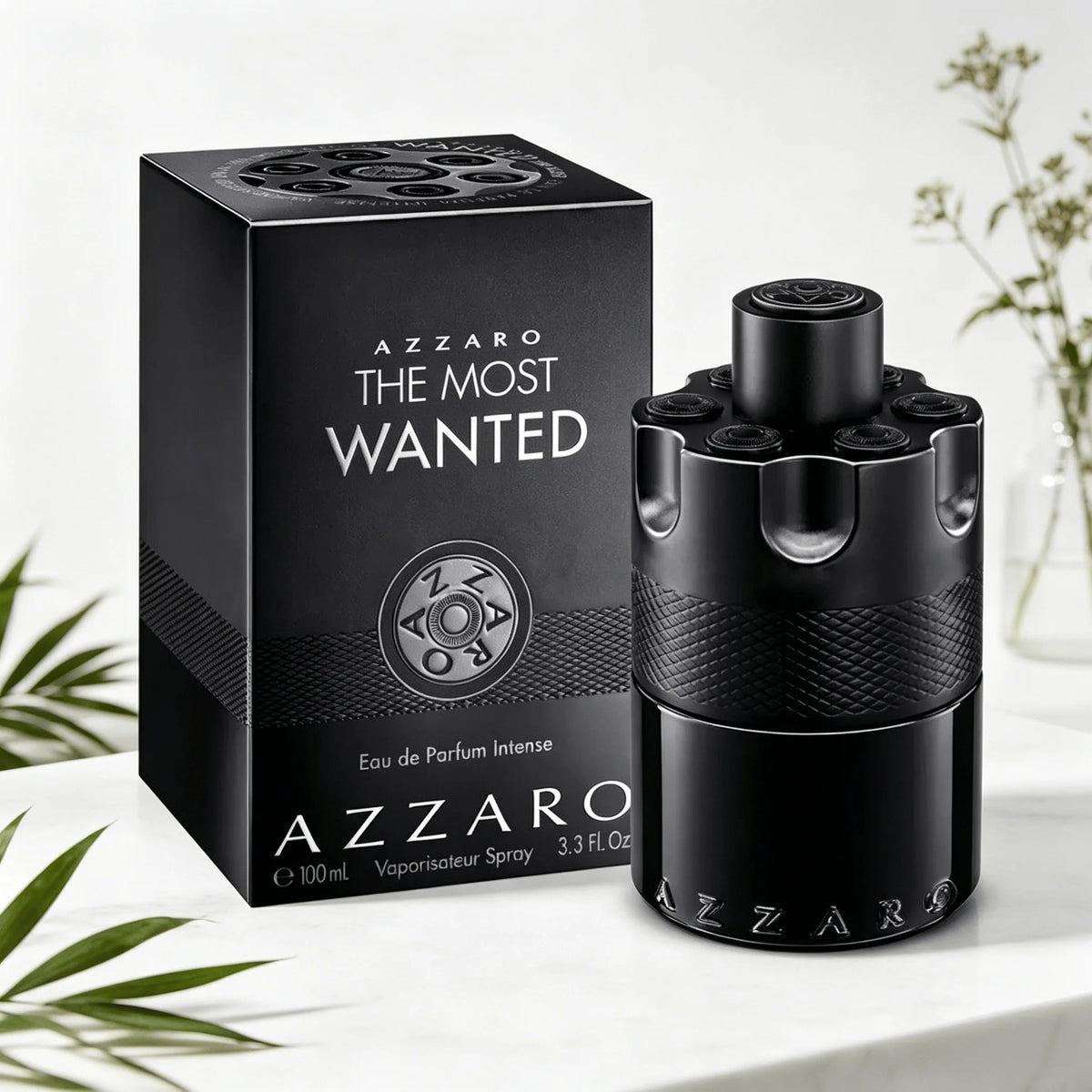 Azzaro The Most Wanted EDP Intense 100ML Perfume For Men Deep Intense Spicy Tobacco Vanilla Woody Aroma Long Lasting Matte Black Bullet Embossed Cylindrical Bottle Complete Black Woven Pattern Box Dating Night Party Present