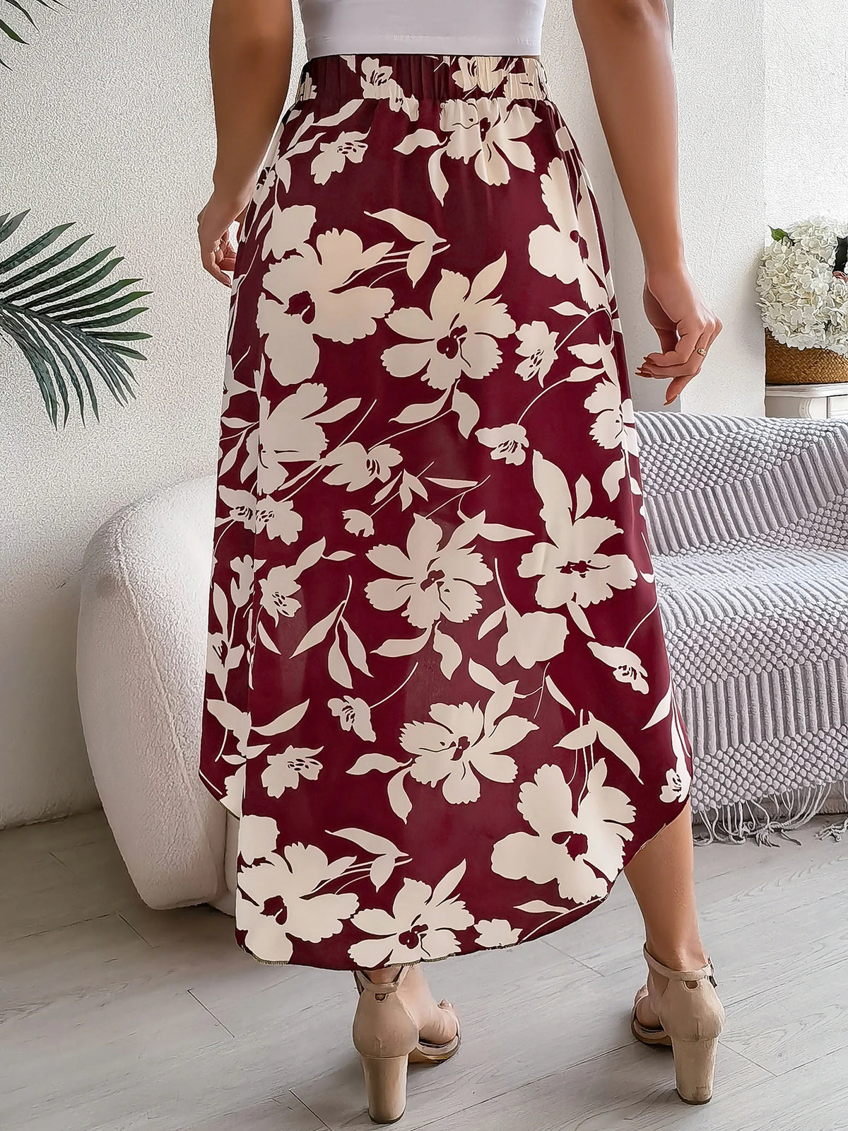 Casual High-low Ruffle Hem Plant Print Skirt For Spring & Summer, Women's Clothing
