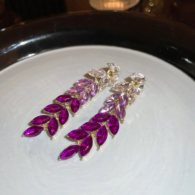 Korean Style Rhinestone Drop Earrings Purple Crystal Leaf Dangle Earrings for Women Jewelry