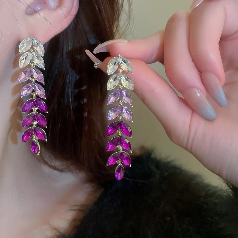 Korean Style Rhinestone Drop Earrings Purple Crystal Leaf Dangle Earrings for Women Jewelry