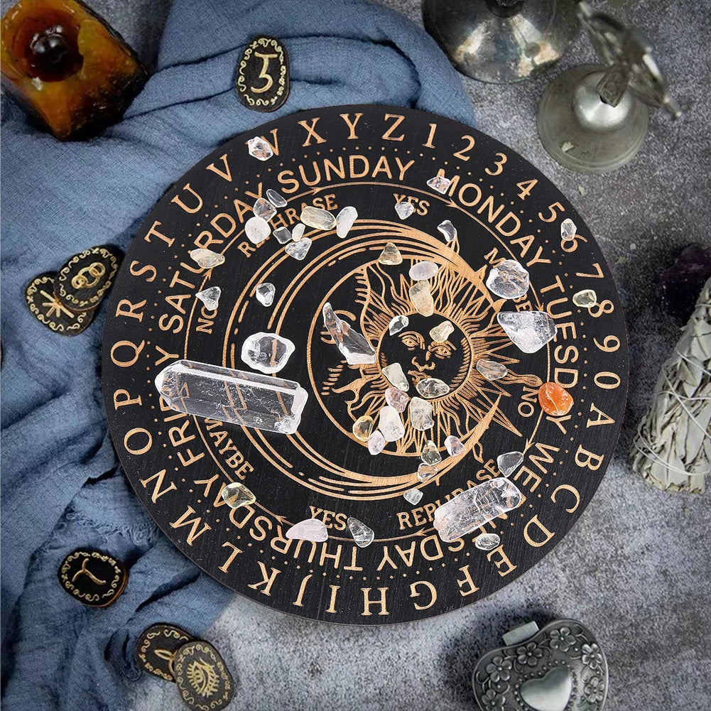 Black Wooden Pendulum Board  Laser Engraved Tarot Sun and Moon Motifs Dowsing Divination Plate Witchs Altar Supplies Home Decor