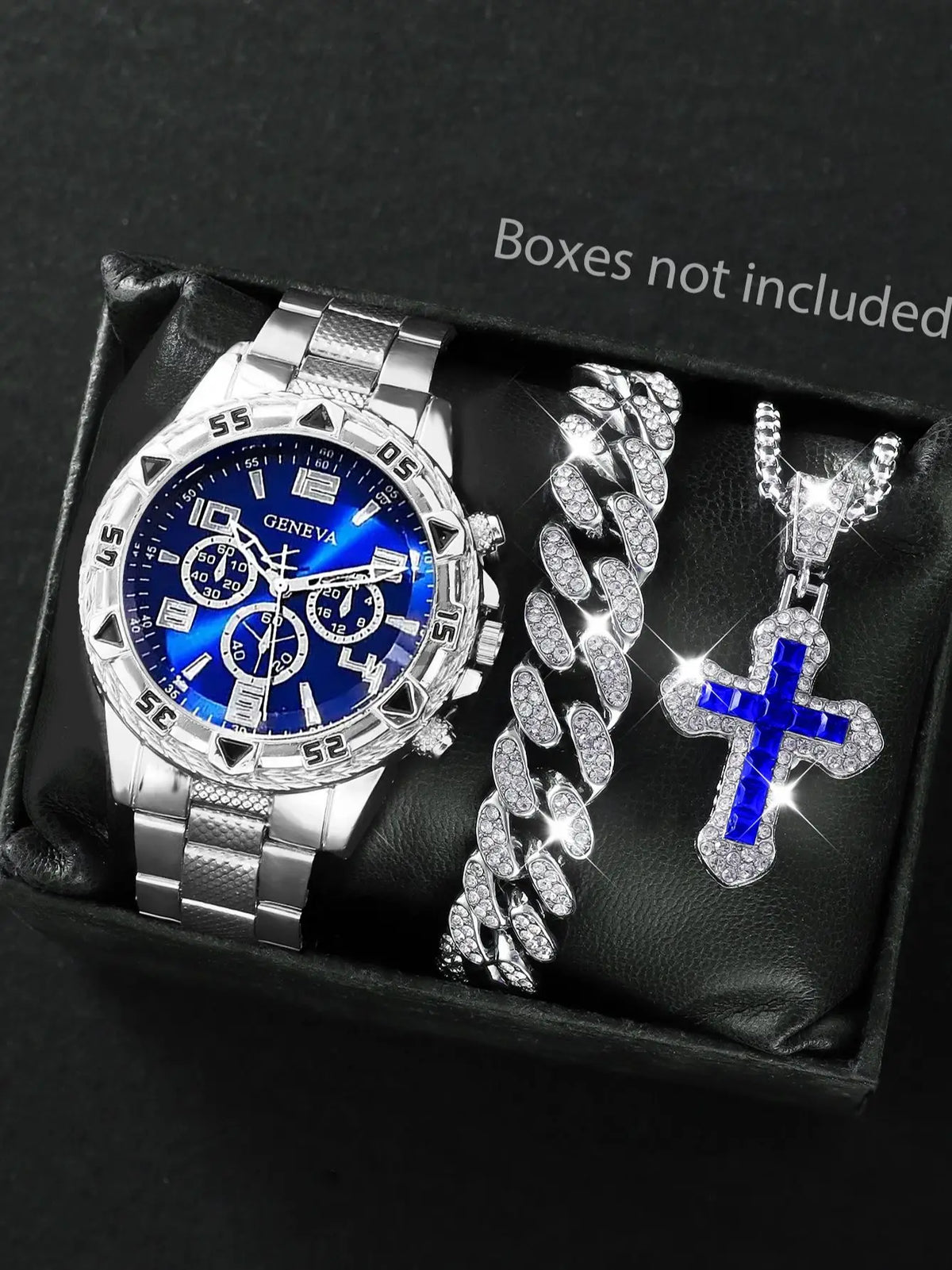 Men's Quartz Watch with Embedded Hip Hop Bracelet And Cross Necklace Set Best Birthday Gift Idea without Box