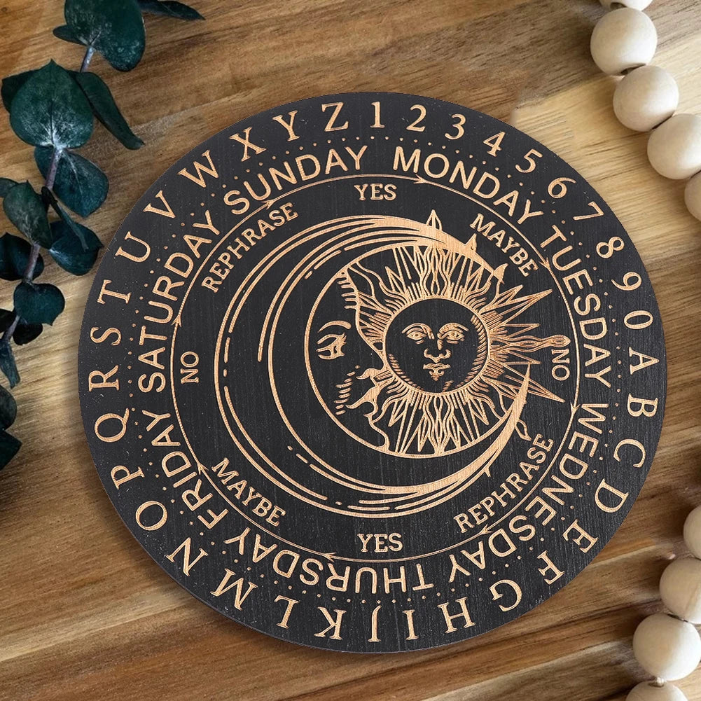 Black Wooden Pendulum Board  Laser Engraved Tarot Sun and Moon Motifs Dowsing Divination Plate Witchs Altar Supplies Home Decor