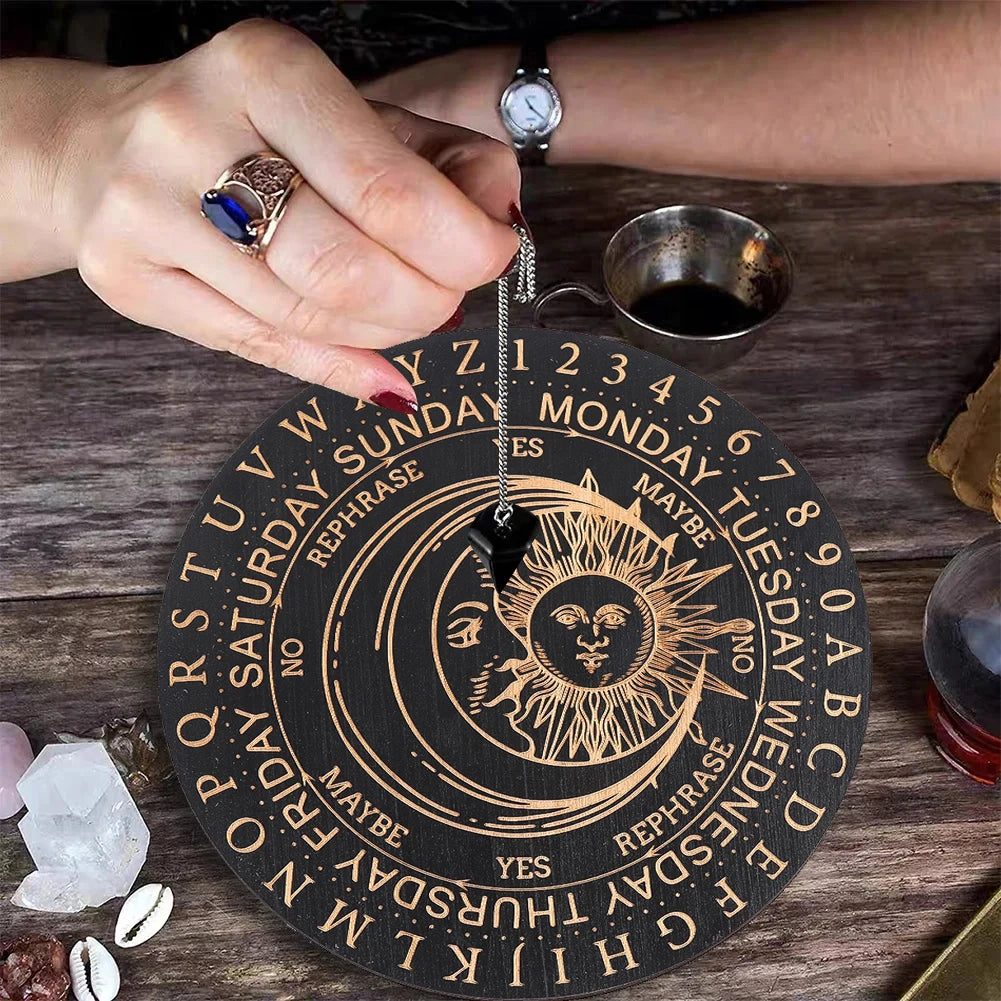 Black Wooden Pendulum Board  Laser Engraved Tarot Sun and Moon Motifs Dowsing Divination Plate Witchs Altar Supplies Home Decor