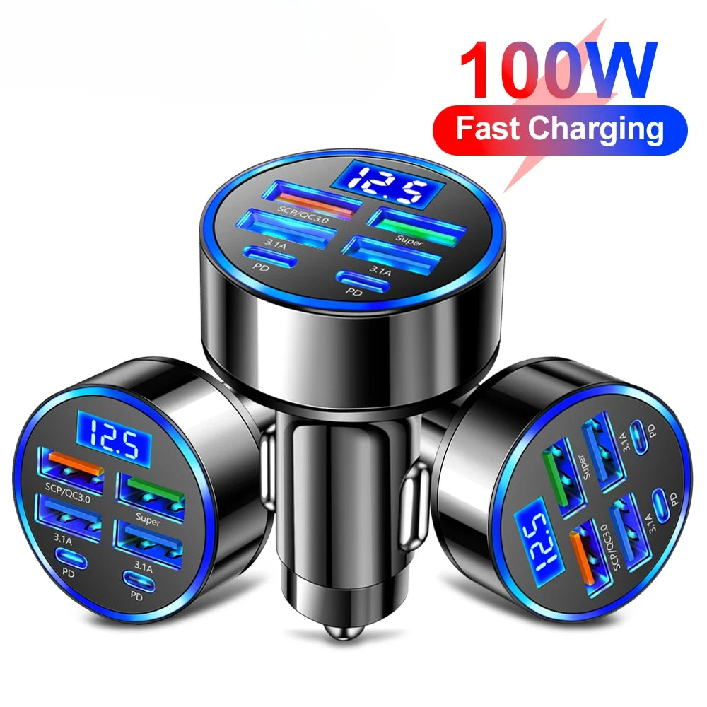 100W 6 Ports USB Car Charger Fast Charging PD Type C Car Phone Charger Adapter For iPhone Samsung Xiaomi LED Display Car Charger
