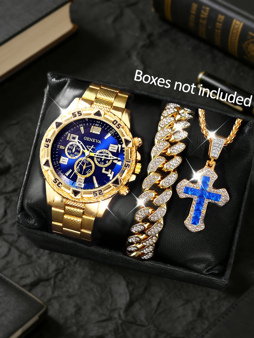 Men's Quartz Watch with Embedded Hip Hop Bracelet And Cross Necklace Set Best Birthday Gift Idea without Box