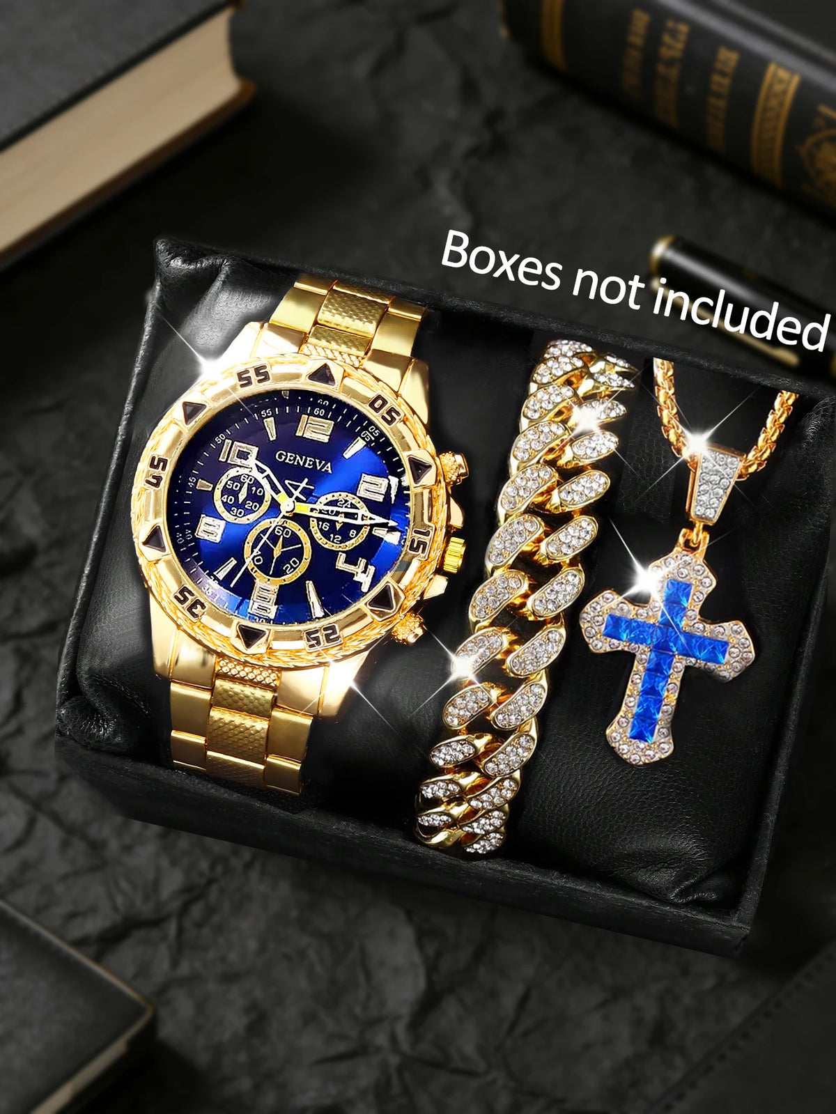 Men's Quartz Watch with Embedded Hip Hop Bracelet And Cross Necklace Set Best Birthday Gift Idea without Box