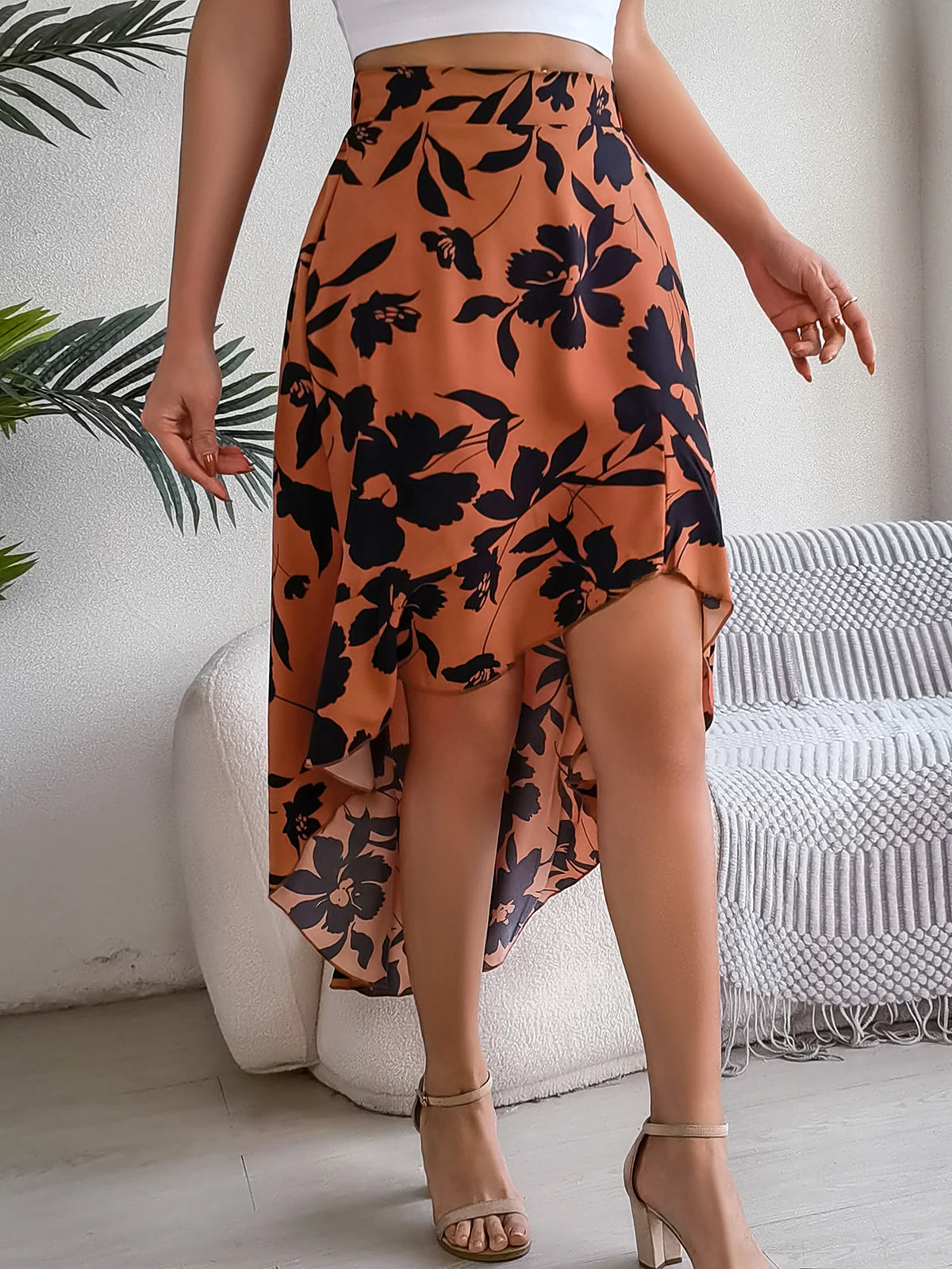 Casual High-low Ruffle Hem Plant Print Skirt For Spring & Summer, Women's Clothing