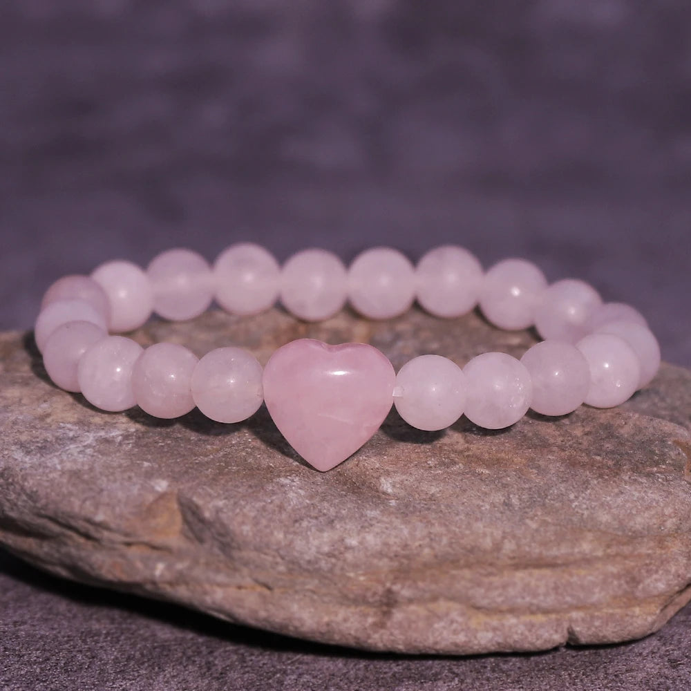 1pcs Natural Stone Bead Bracelet with Amethyst, Rose Quartz, Tiger's Eye and Heart-shaped Beads