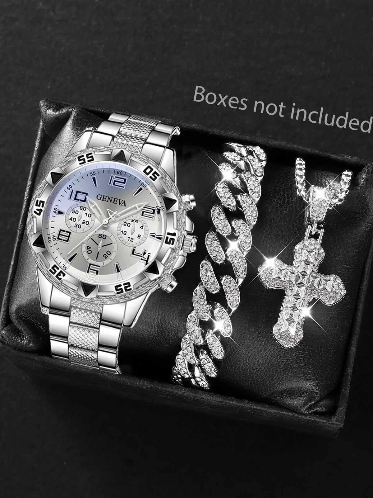 Men's Quartz Watch with Embedded Hip Hop Bracelet And Cross Necklace Set Best Birthday Gift Idea without Box