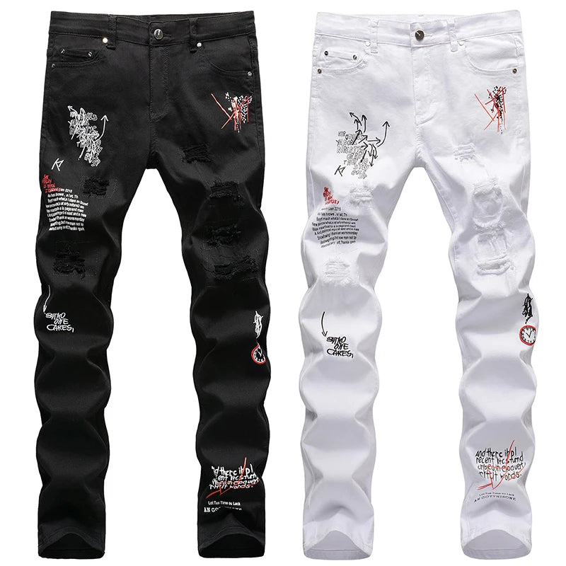 2022 Men Ripped Jeans White Black Stretch Slim Fit Spring Autumn Denim Pants Distressed Hip Hop Streetwear Biker Jeans Pants