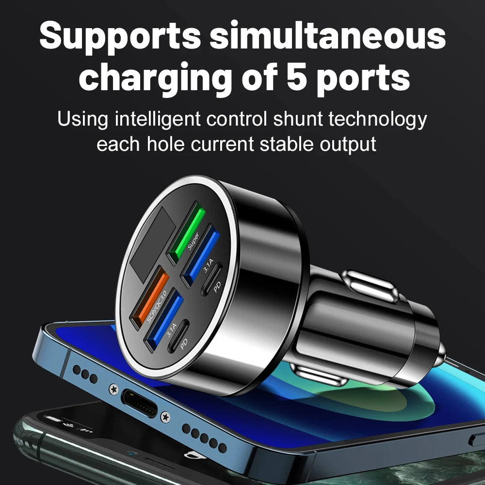 100W 6 Ports USB Car Charger Fast Charging PD Type C Car Phone Charger Adapter For iPhone Samsung Xiaomi LED Display Car Charger
