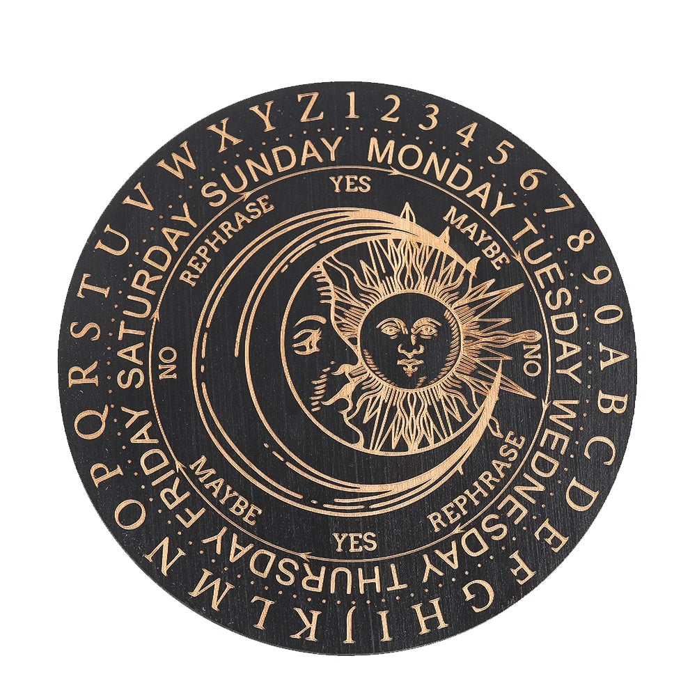 Black Wooden Pendulum Board  Laser Engraved Tarot Sun and Moon Motifs Dowsing Divination Plate Witchs Altar Supplies Home Decor