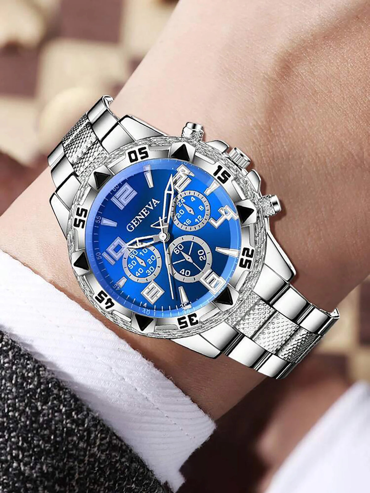 Men's Quartz Watch with Embedded Hip Hop Bracelet And Cross Necklace Set Best Birthday Gift Idea without Box