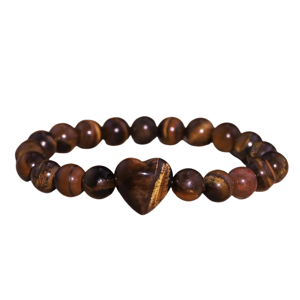 1pcs Natural Stone Bead Bracelet with Amethyst, Rose Quartz, Tiger's Eye and Heart-shaped Beads