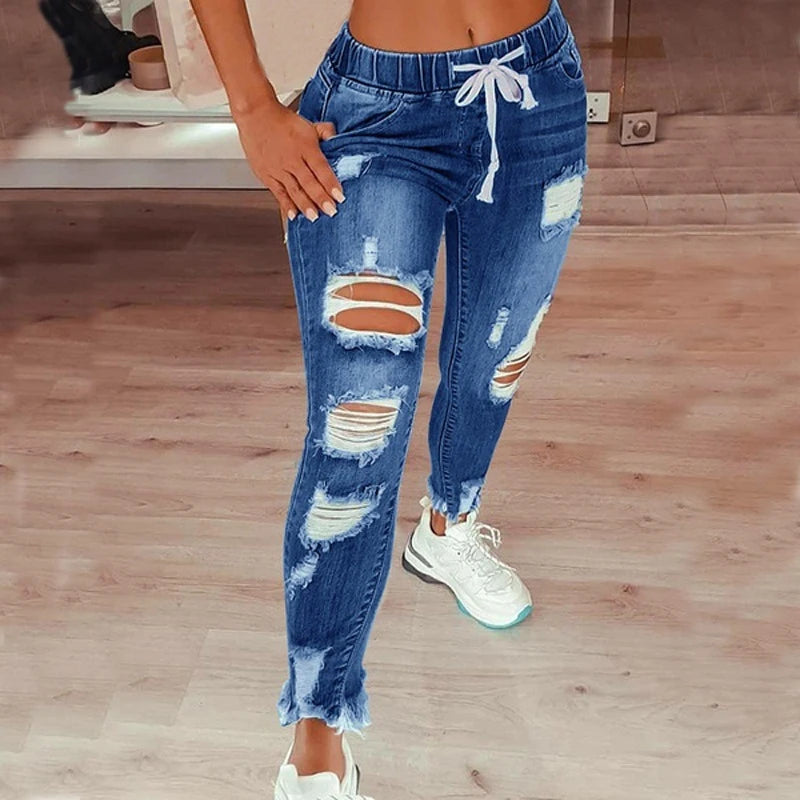 Fashion Vintage Blue Ripped Jeans Women Elastic Waist Drawstring Pencil Denim Jeans Office Lady Holes High Waist Trousers 30671