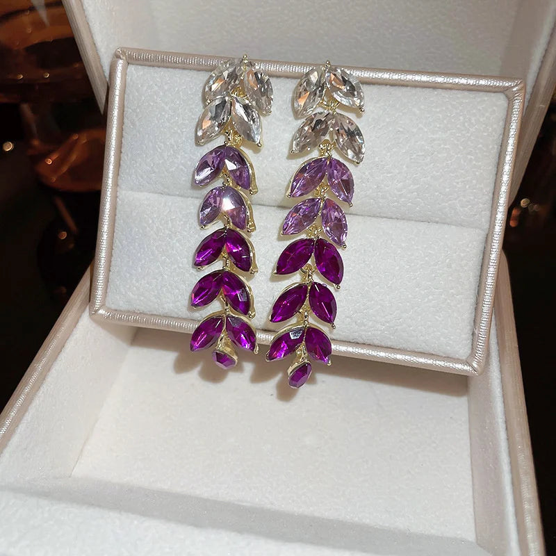 Korean Style Rhinestone Drop Earrings Purple Crystal Leaf Dangle Earrings for Women Jewelry