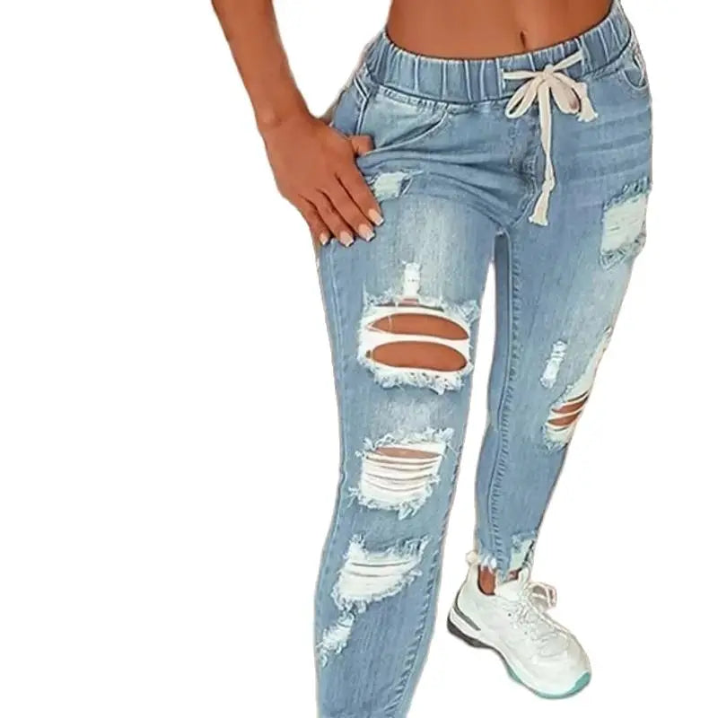 Fashion Vintage Blue Ripped Jeans Women Elastic Waist Drawstring Pencil Denim Jeans Office Lady Holes High Waist Trousers 30671