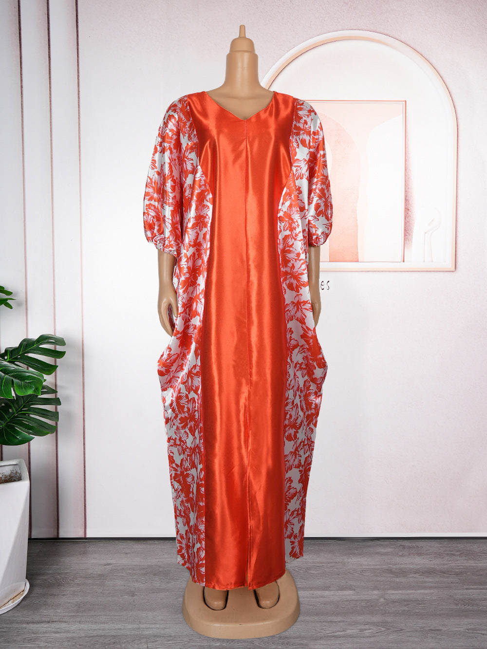Ethnic Print Satin Dress Womens loose V-Neck