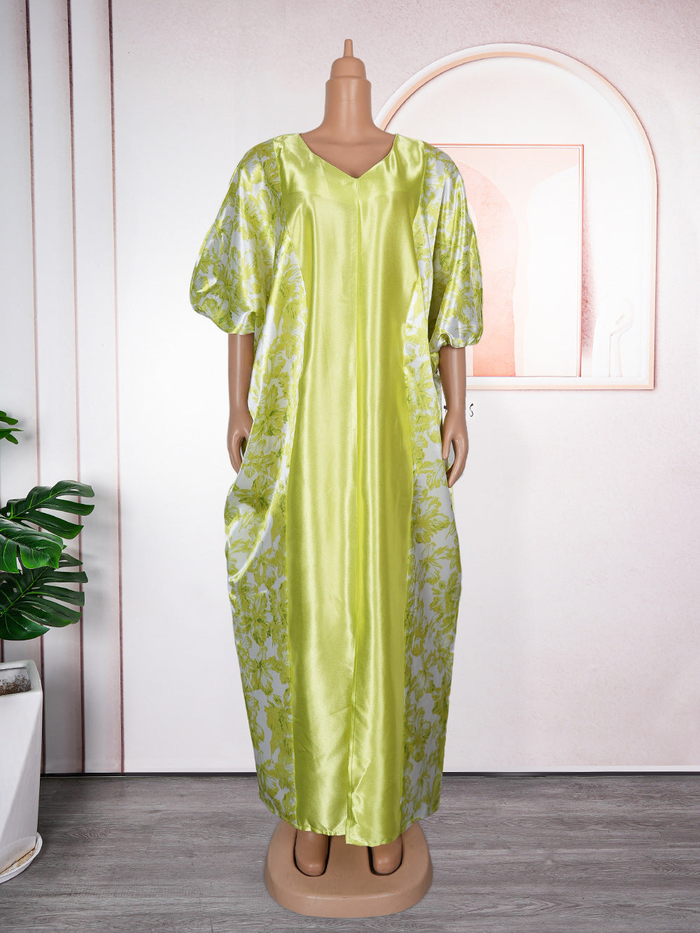 Ethnic Print Satin Dress Womens loose V-Neck