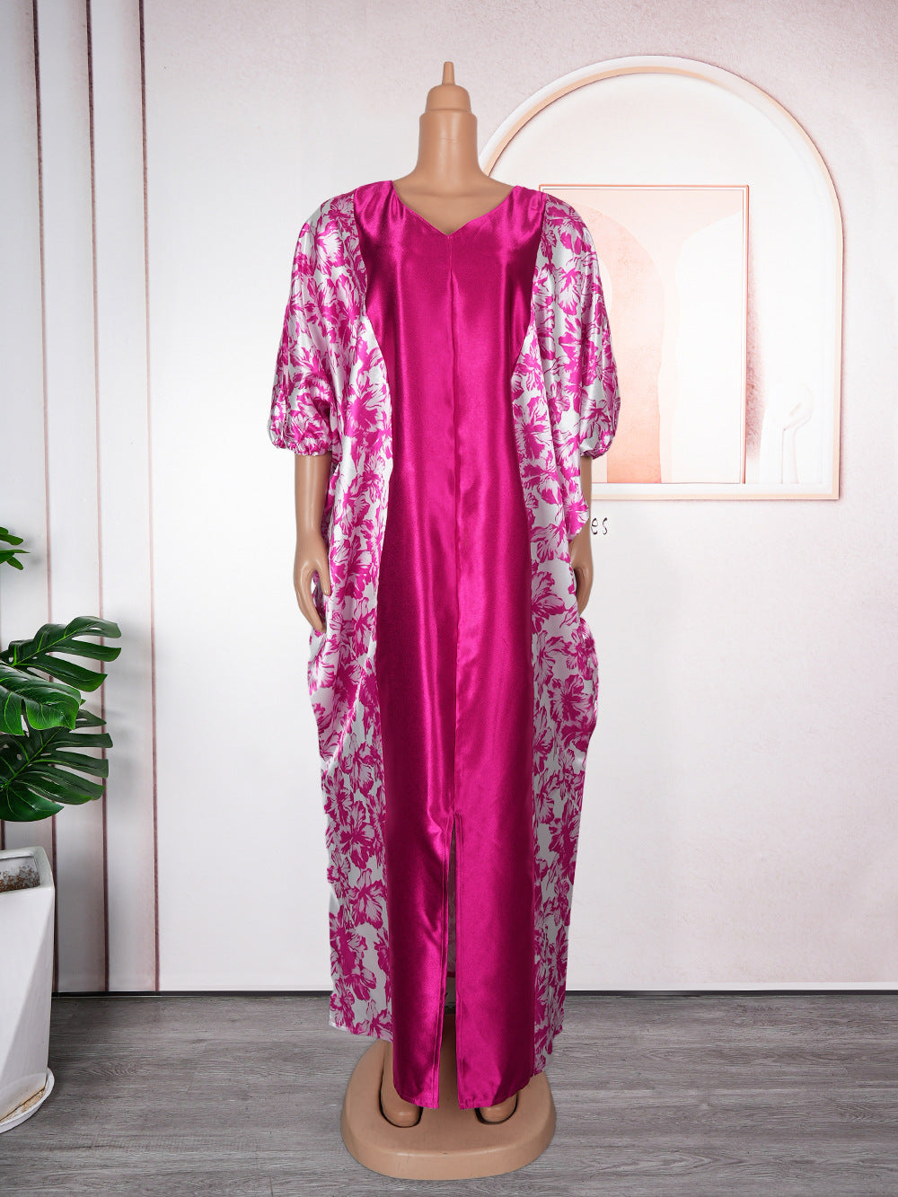 Ethnic Print Satin Dress Womens loose V-Neck